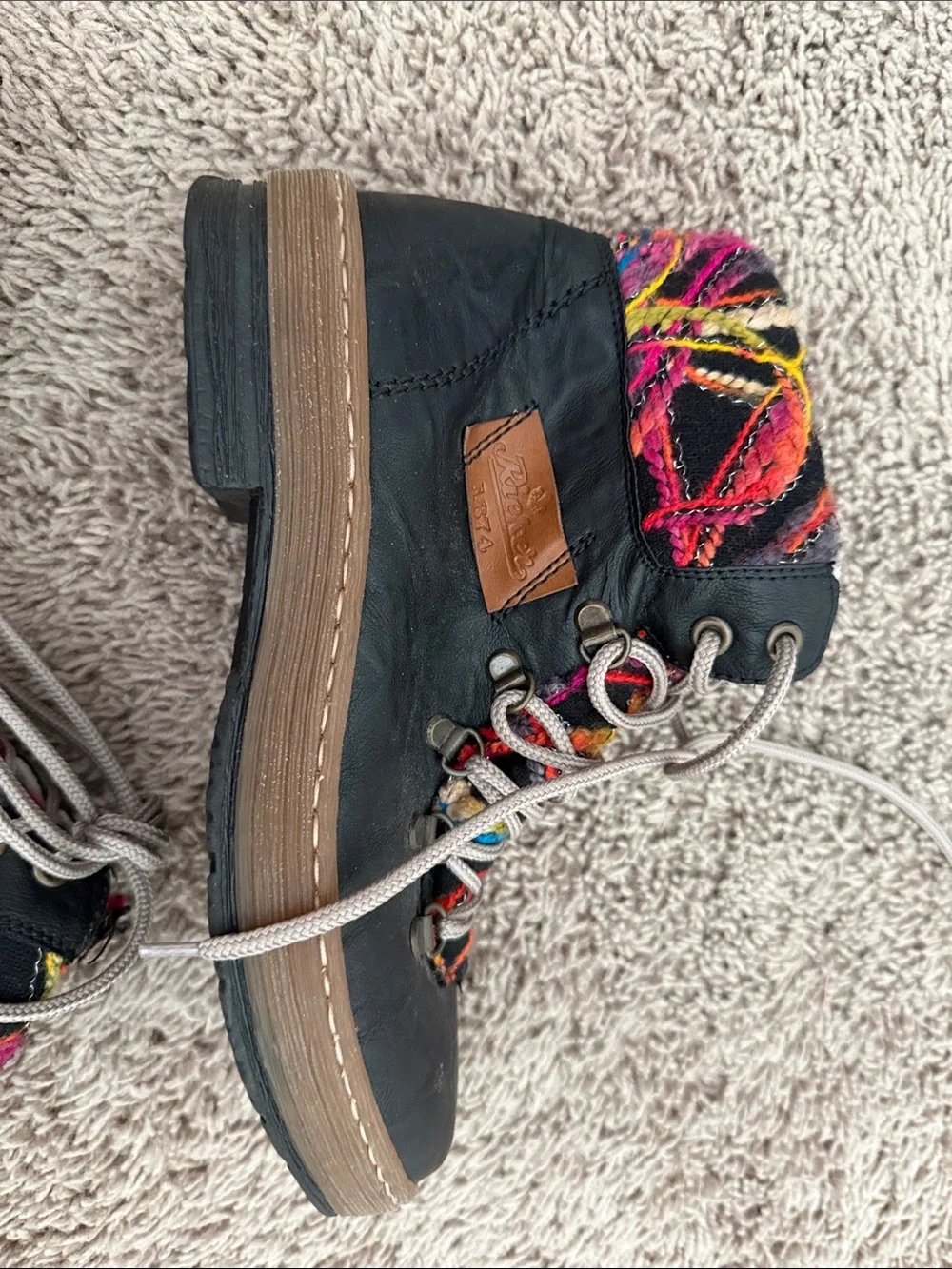 Rieker Black Ankle Boots with Multicolor Knit Collar and Laces